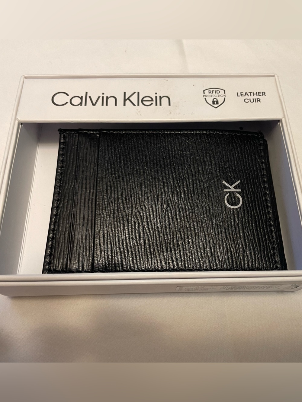 Calvin Klein Black Leather Card & Bill Sleeve with CK Logo